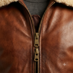 Close-up of cognac brown jacket with fleece collar and brass double zipper