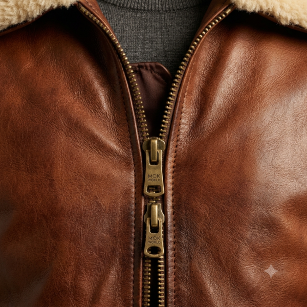 Close-up of cognac brown jacket with fleece collar and brass double zipper