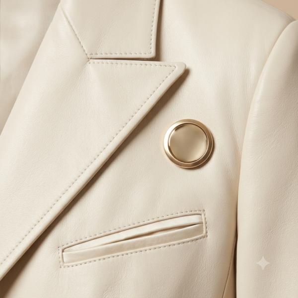 Close-up of cream blazer lapel with gold button