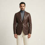 Man wearing a men's brown blazer jacket with grey mock-neck sweater, front view