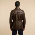 Back view of a man wearing a brown field jacket with navy trousers