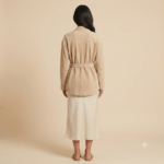 Back view of a woman wearing a beige belted blazer jacket
