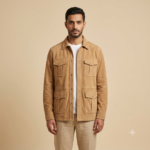 Man wearing a men's tan safari jacket with four flap pockets and white t-shirt, front view