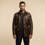 Man wearing a men's brown field jacket with four flap pockets, grey sweater and navy trousers, front view