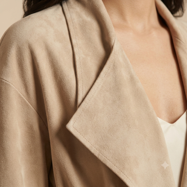 Close-up of beige blazer lapel and matching belt