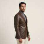 Side view of a man wearing a brown blazer jacket with grey mock-neck sweater