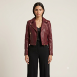 Woman wearing a women's burgundy biker jacket with gold zippers, black top and black trousers, front view