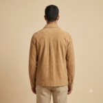 Back view of a man wearing a tan safari jacket with beige trousers