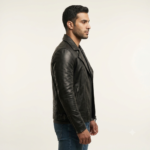 Side view of a man wearing a black biker jacket with dark t-shirt and trousers