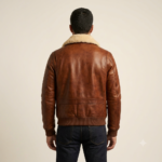 Back view of a man wearing a cognac bomber jacket with fleece collar