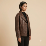 Side view of a woman wearing a brown biker jacket with black top and trousers