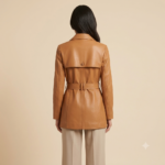Back view of a woman wearing a tan leather belted jacket with cream trousers