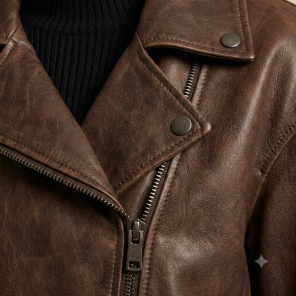Women's brown biker jacket with distressed finish and asymmetrical zipper