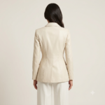 Back view of a woman wearing a cream tailored blazer with white wide-leg trousers
