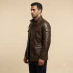 Side view of a man wearing a brown field jacket with flap pockets and navy trousers