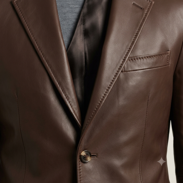 Close-up of brown blazer jacket notched lapel and smooth finish
