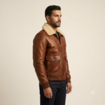 Side view of a man wearing a cognac bomber jacket with fleece collar and dark sweater