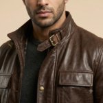 Close-up of brown field jacket stand collar with buckle strap