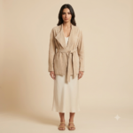 Woman wearing a beige belted blazer jacket with wide lapels
