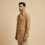 Side view of a man wearing a tan safari jacket with flap pockets and white t-shirt
