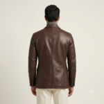 Back view of a man wearing a brown blazer jacket with a clean tailored back