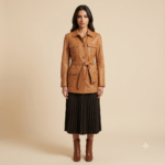 Woman wearing a women's tan belted safari jacket in leather with black pleated skirt and brown boots, front view
