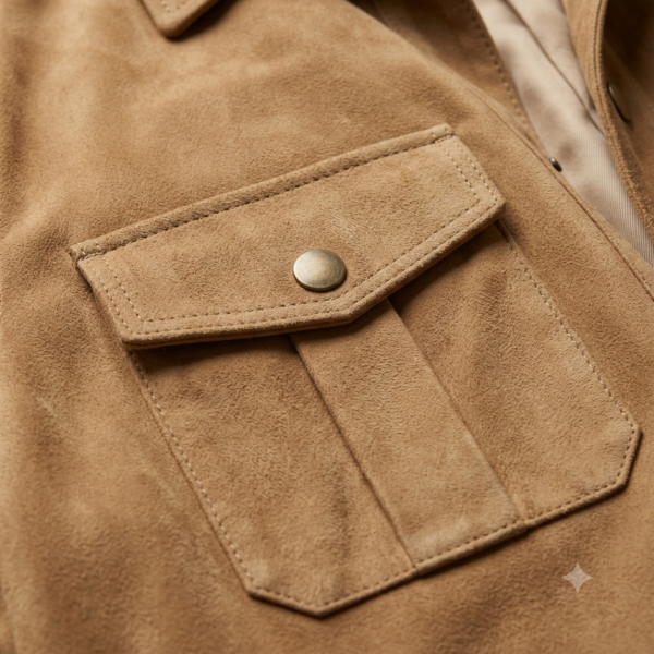 Close-up of cognac jacket flap pocket with snap button and fleece trim