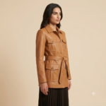 Side view of a woman wearing a tan leather belted jacket with flap pockets and black skirt
