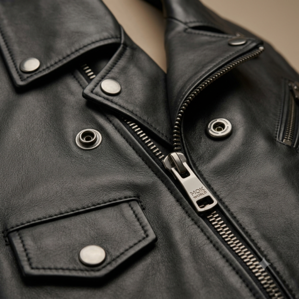 Close-up of black biker jacket lapel with snap buttons, asymmetrical zipper and chest pocket