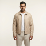 Man wearing a men's beige zip jacket with white t-shirt, front view
