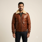 Man wearing a men's cognac bomber jacket with fleece collar and dark sweater, front view