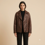 Woman wearing a women's brown biker jacket with black top and trousers, front view